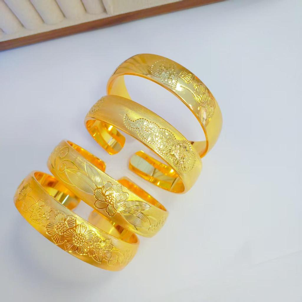 Vietnamese Sa Gold Wide Face CNC Bangle - Fu Lu Gu Xiang Wedding Jewelry