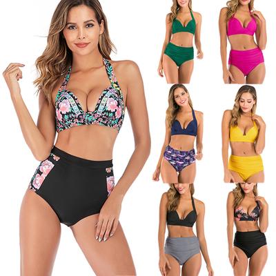 Biquíni sexy de duas peças, moda feminina, tamanho grande, sólido, acolchoado, frente única, top estampado, conjunto de roupa de banho, tankini de cintura alta, maiô