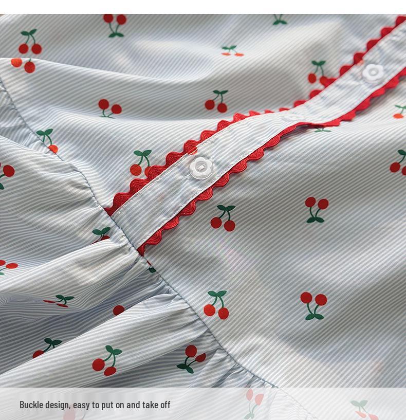 French Cherry Print Dolls Collar Lace Summer Pinafore Dress for Girls