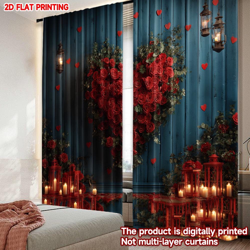 Set Of 2 Flat Printing Happy Valentine Day Window Curtains Valentines Rose He Digital Printed Polyester Drapes Family Party Curtain
