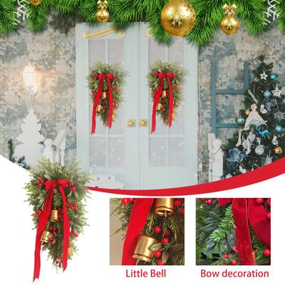 21 Inch Artificial Christmas Tear Drop Swag Needles Teardrop Door Swag With Bells Red Berries And Bowknot Christmas Teardrop Wreath For Wall Door