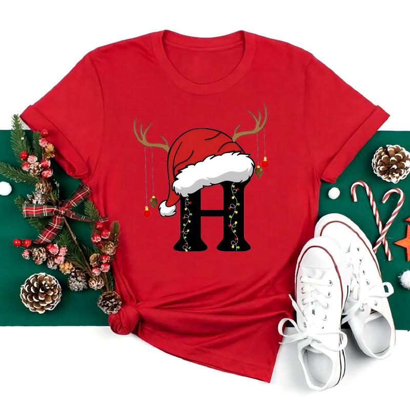 Christmas Alphabet T Shirt Women Casual Fashion T-shirt Short Sleeve Christmas Party Aesthetics Red Top Harajuku Sleeve Casual