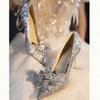 French Stiletto Crystal Sequins Silver Fairy High Heels New Bow Bridal Wedding Shoes Main Dress