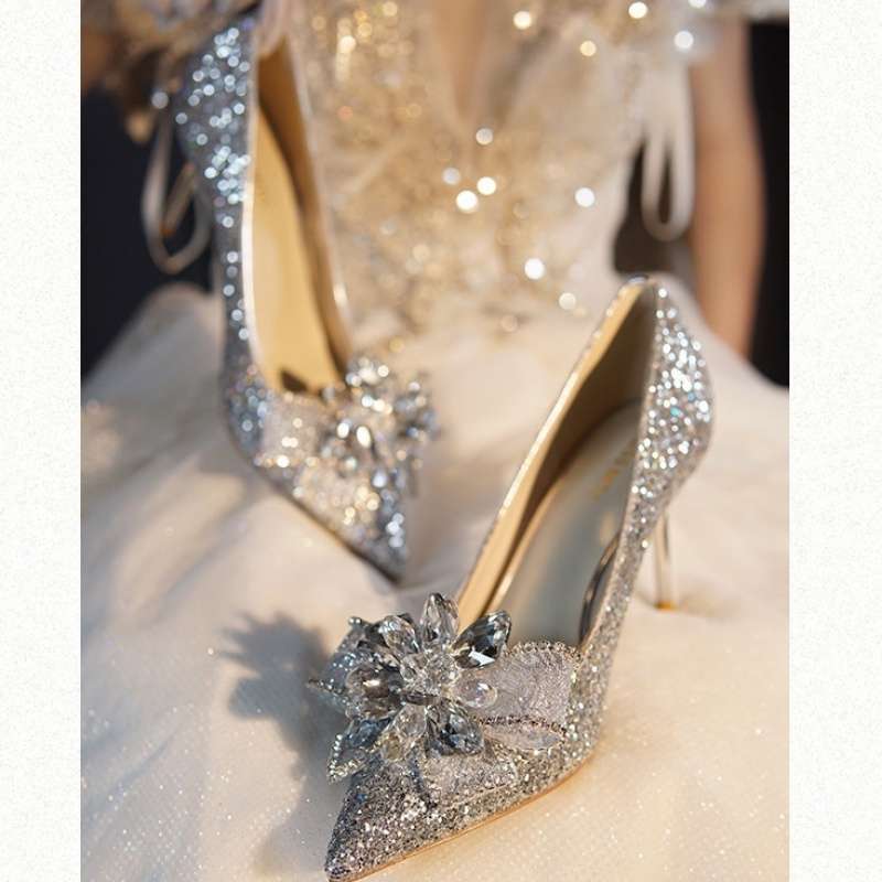 French Stiletto Crystal Sequins Silver Fairy High Heels New Bow Bridal Wedding Shoes Main Dress