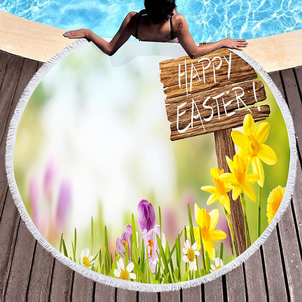 Cartoon Easter Egg Round Beach Towel with Tassels Roundie Yoga Meditation Mat Picnic Rug, Sand Proof Absorbent Circle Swim Towel