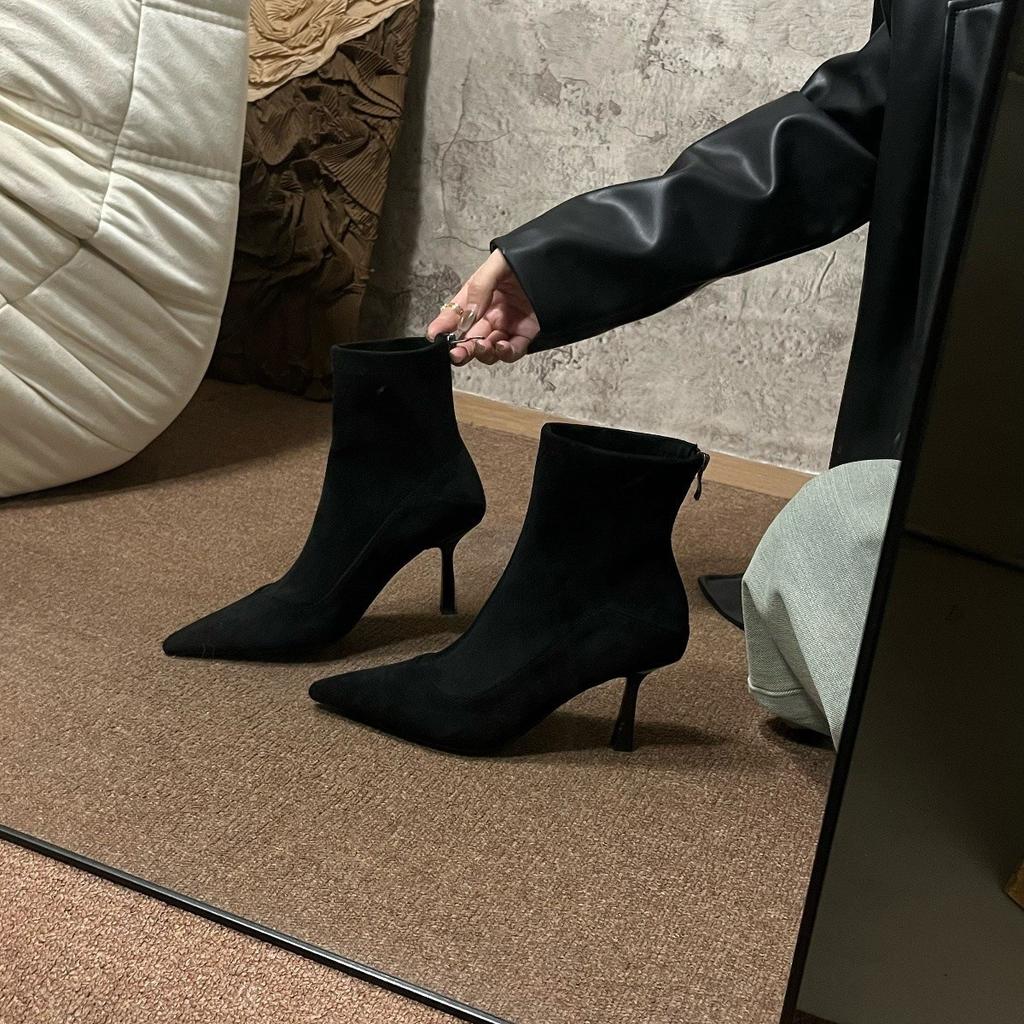 Autumn and winter French temperament pointed thin boots versatile high heel rear zipper suede fashion boots