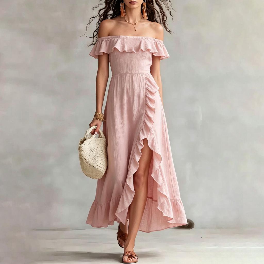 Modisches Sexys Rüschen-Einschulter-Kleid für Damen, temperamentvoll, für den Urlaub, locker