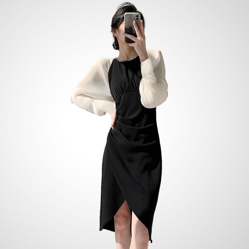 

Gentle and Elegant Goddess Temperament Irregular Slit Dress Black S