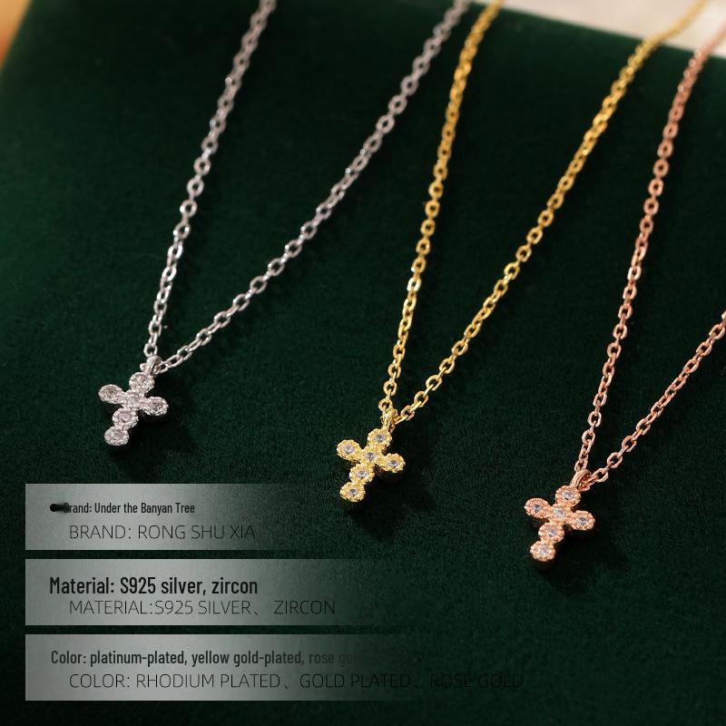 Korean Style 925 Sterling Silver Zircon Cross Necklace