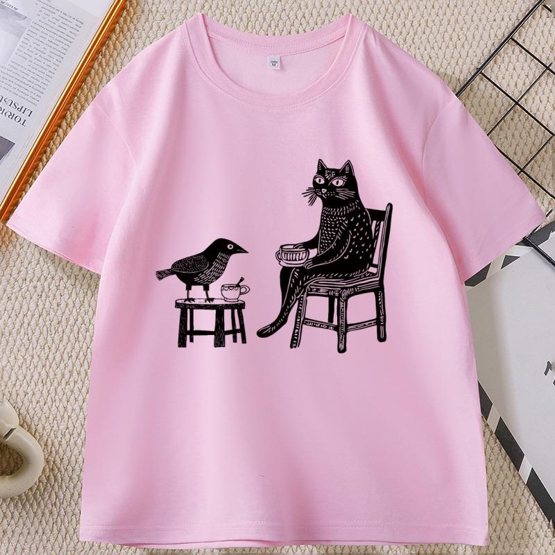 Coffee and Tea with Friends Graphic TShirt Unisex Women Funny Hipster Animal Drawing T Shirt Unique Cat Bird Tshirts Streetwear