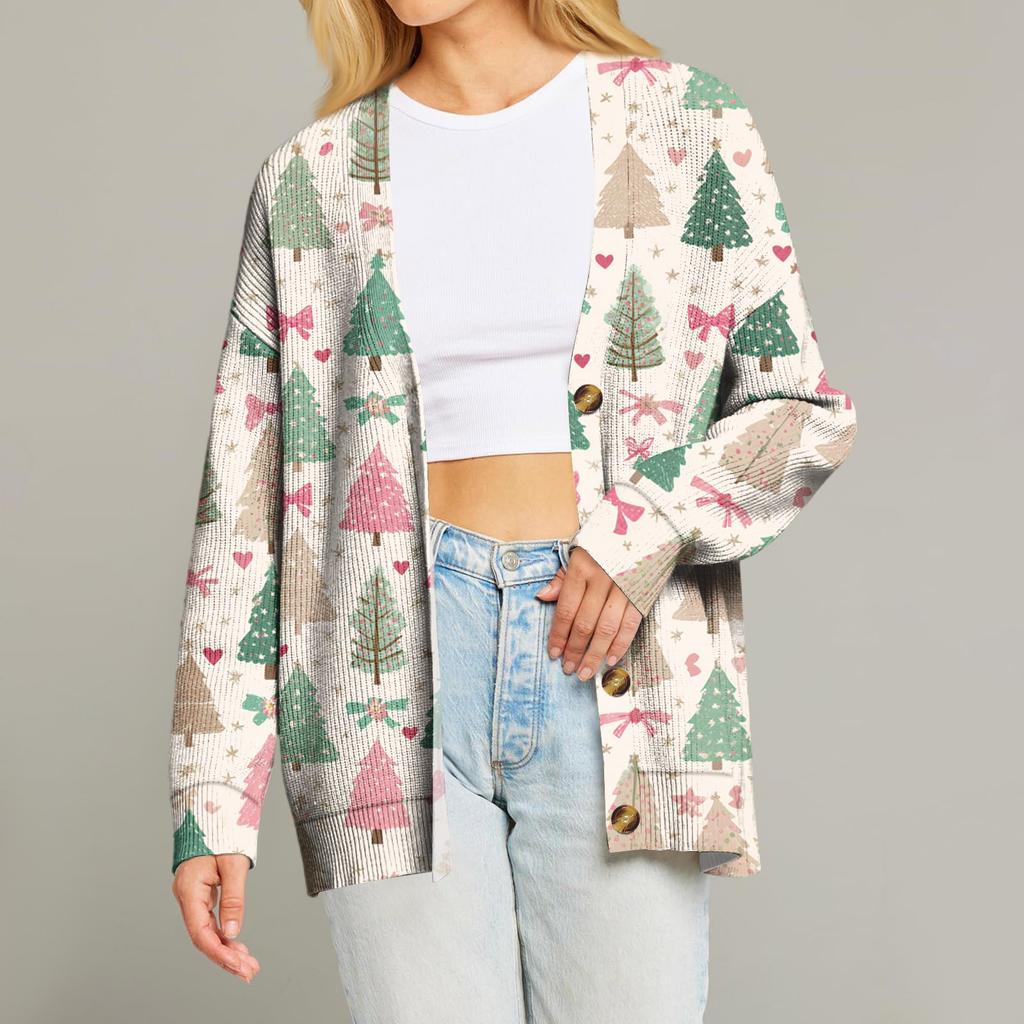 Women's Fashion Long Sleeve Print V-Neck Button Loose Cardigan Top