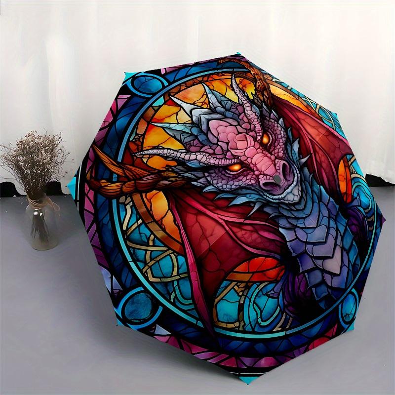 Stained Dragon Window Panel: Colorful Fantasy Art DécorUmbrella, Portable 3-Fold Compact Umbrella,Christmas Gift ES473