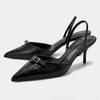 Vintage Brown Slingback Heels for Women Fashion Pointy Toe Metal Buckle Decorated Stiletto Sandals Luxury Party Designer Shoes