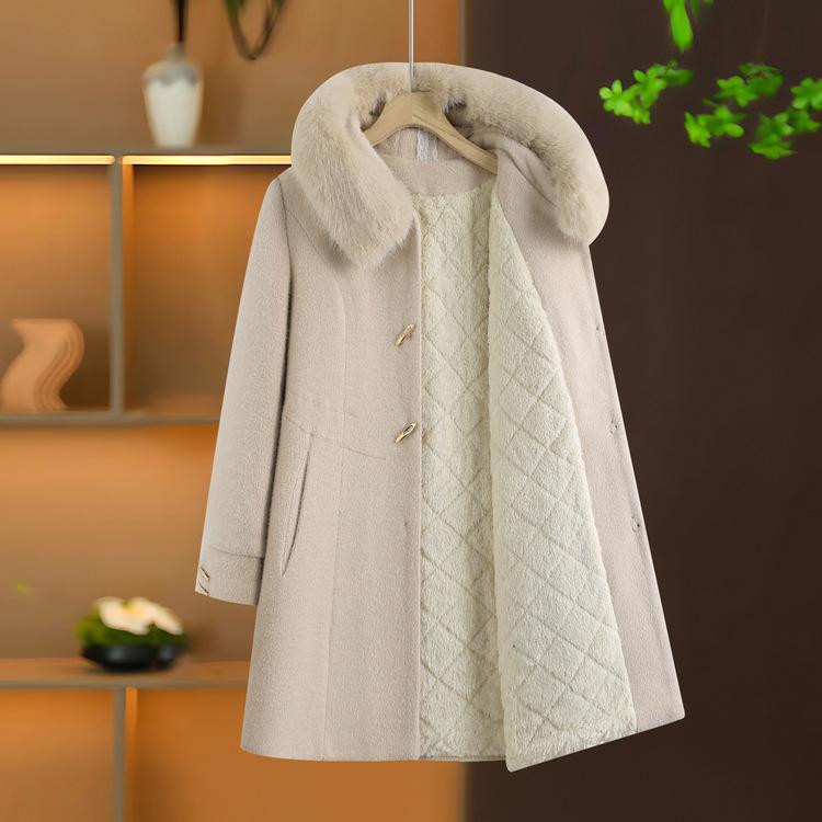 Maminčin zimní kabát s plus sametem, zesílený vlněný kabát, dámská bunda proti větru s kapucí pro ženy středního věku, středně dlouhý zimní oblek