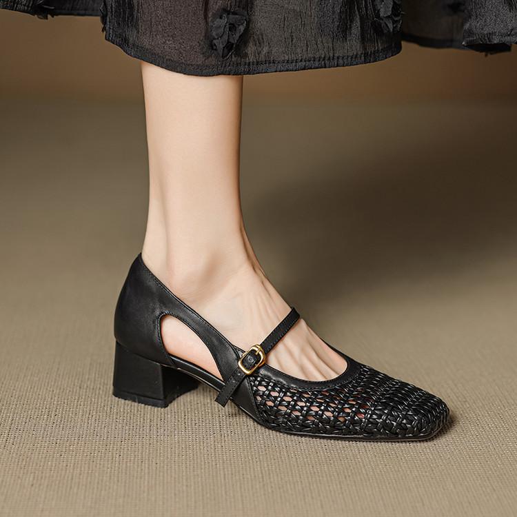 Great Good To Wear French Single Shoes Women's Spring and Summer Hollow Woven Square Head Medium Heel Thick Heel Leather Beige Sandals Women