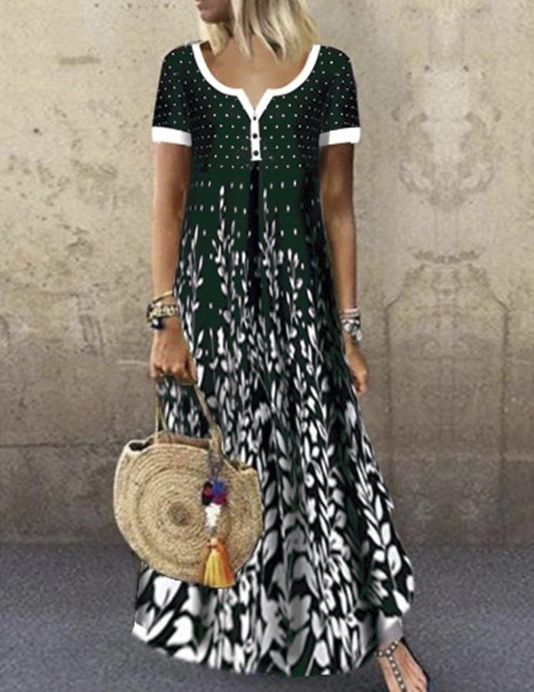 European and American spring and summer new cotton positioning printing small V-neck short-sleeved dress long dress