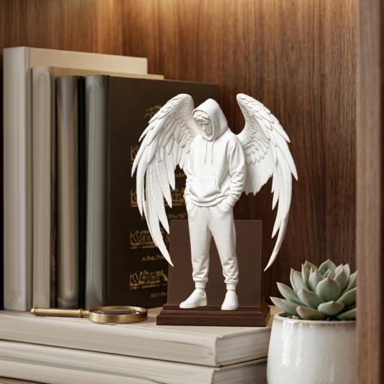 PLA Angel Decor 3D Printed Figurine, Winged Man Decorative Statue, Hoodies Desk Decoration Boys Sculpture for Home Office Shelf