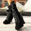 2025 new European personalized splicing women's short boots fabric strap thick heel medium heel fashion boots