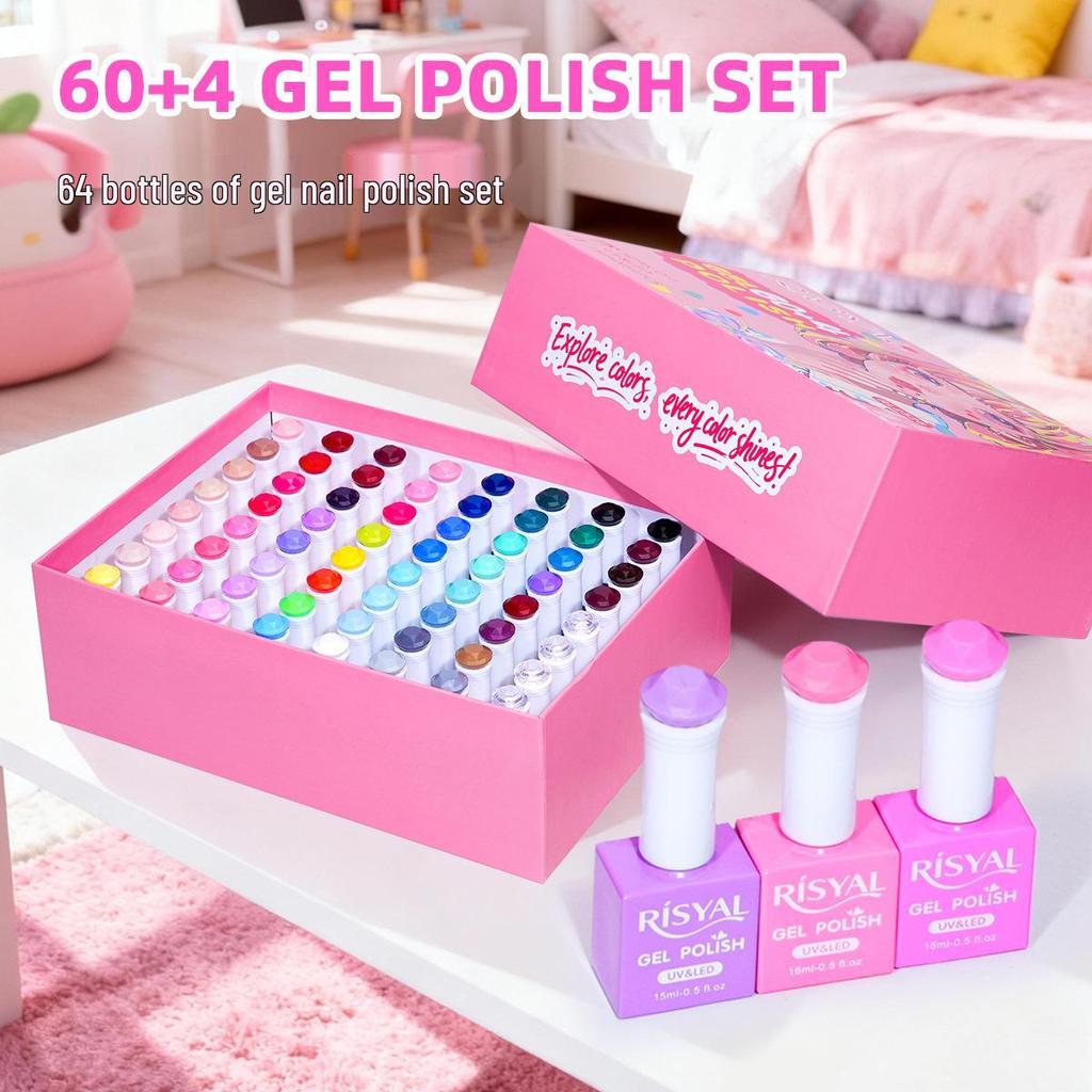 64-Color Gel Nail Polish Set with Base & Top Coat