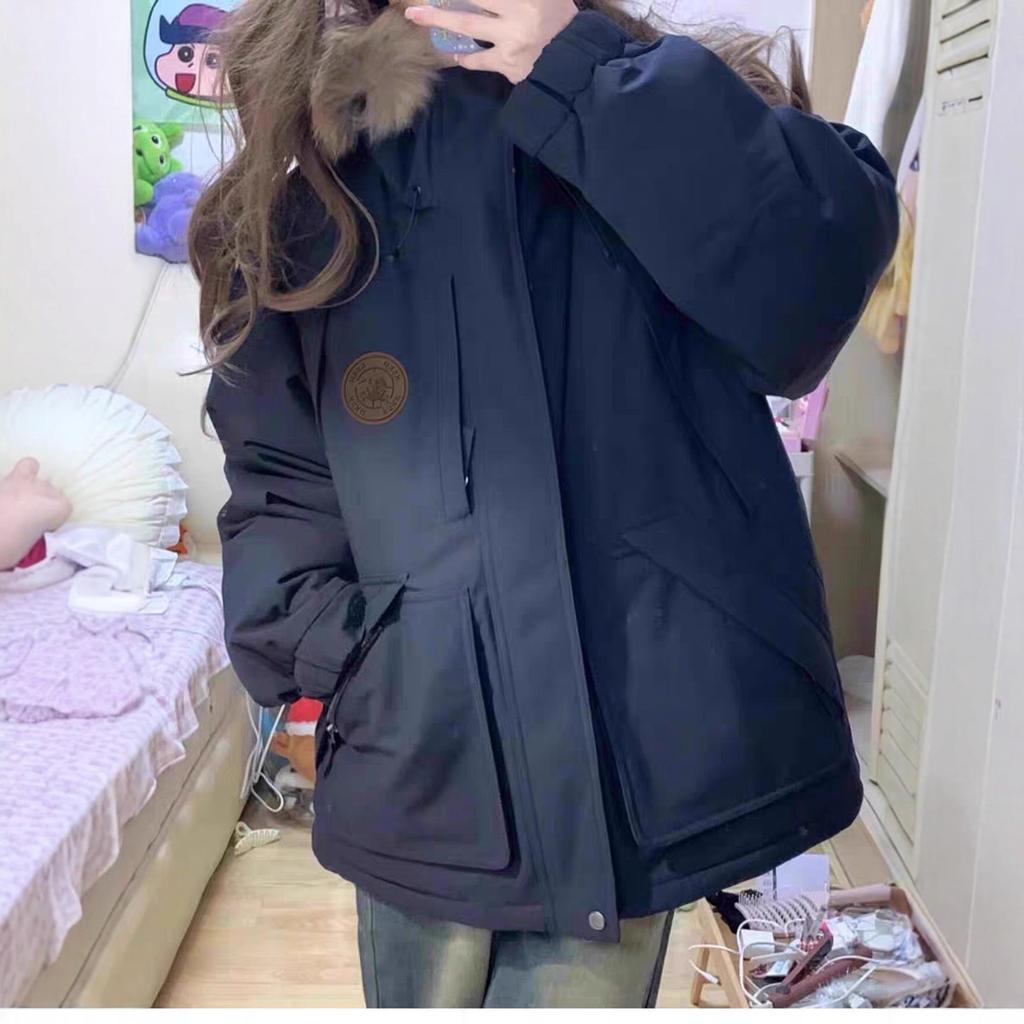 Big fur collar down jacket women's loose winter new couple pie overcome outdoor short thickened tooling jacket