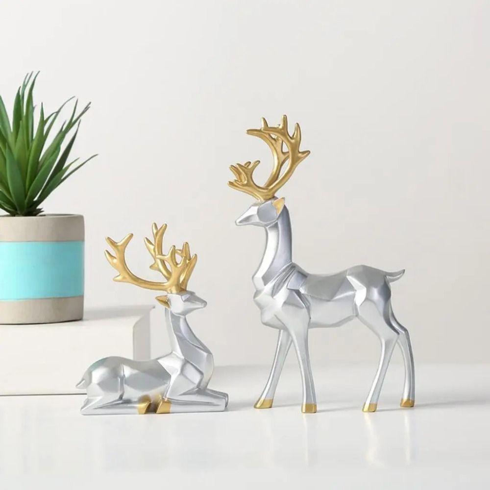 2Pcs Modern Deer Desktop Ornament Creative Elk Figurine Resin Reindeer Sculpture Desktop Ornament
