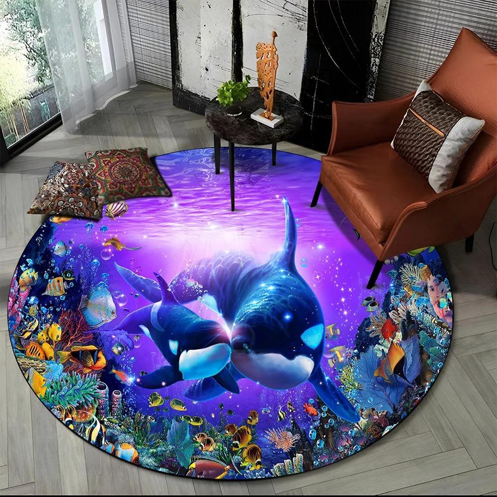 Underwater World Dolphin Cartoon Round Carpet Living Room Bedroom Anti-Slip Mat Home Decoration Bathroom Absorbent Floor Mat