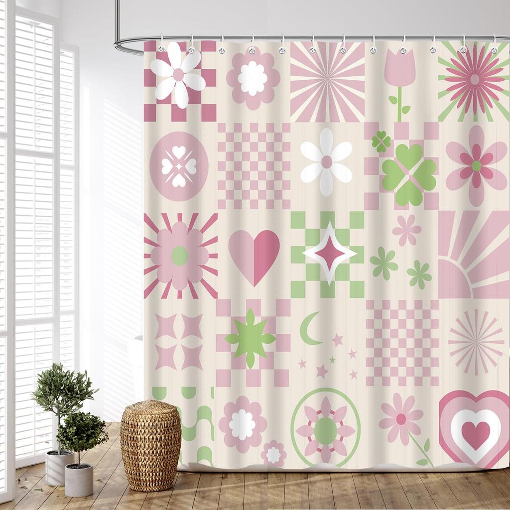 Pink Gray Flowers Shower Curtain, Daisy Floral Simple and Fresh Elegance Plants Cloth Rustic Farmhouse Bathroom Decor Sets,
