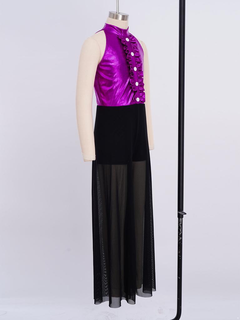 Sprankelende Metallic & Mesh Dans Jumpsuit voor Meisjes: Hoge Hals Mouwloos met Gerimpeld Bovenlijf & Wijdvallende Broek voor het Podium
