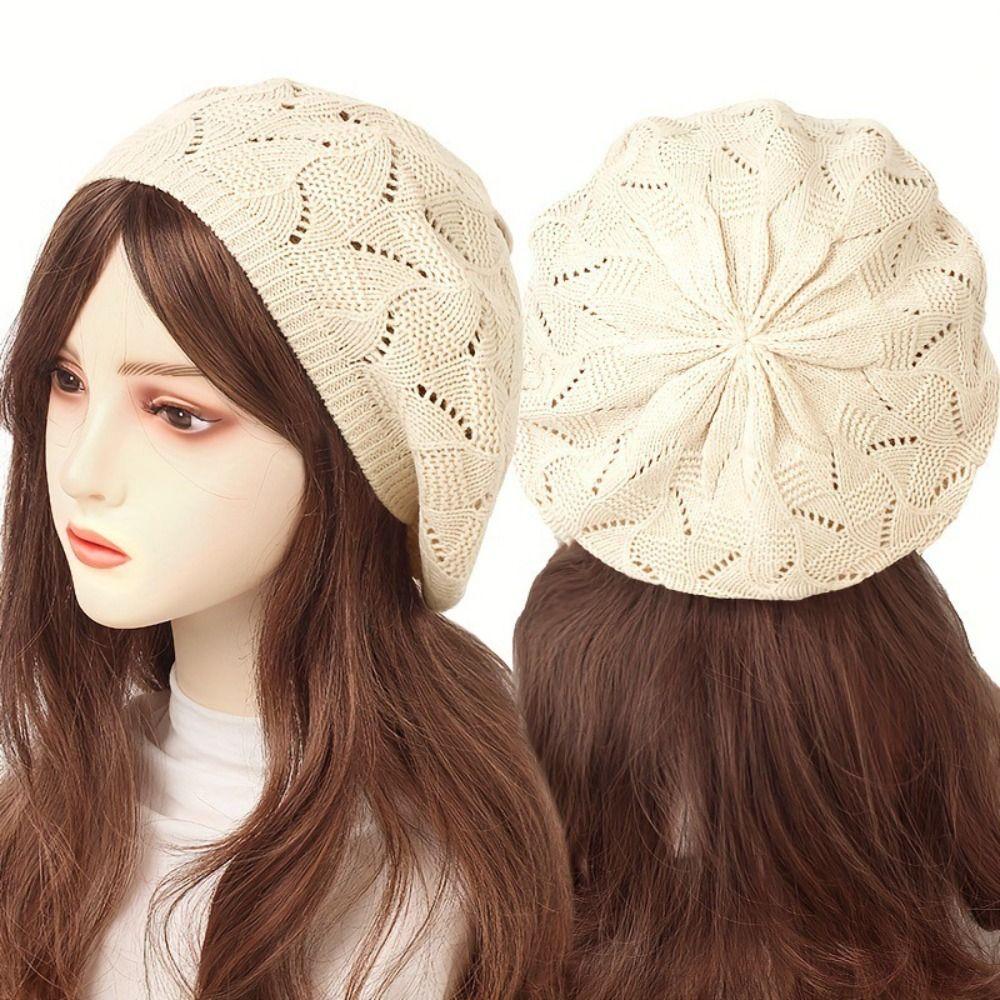 Spring/Summer/Autumn French Artist Beanie Plain Color Mesh Caps New Women Knit Beret Hat  Outdoor