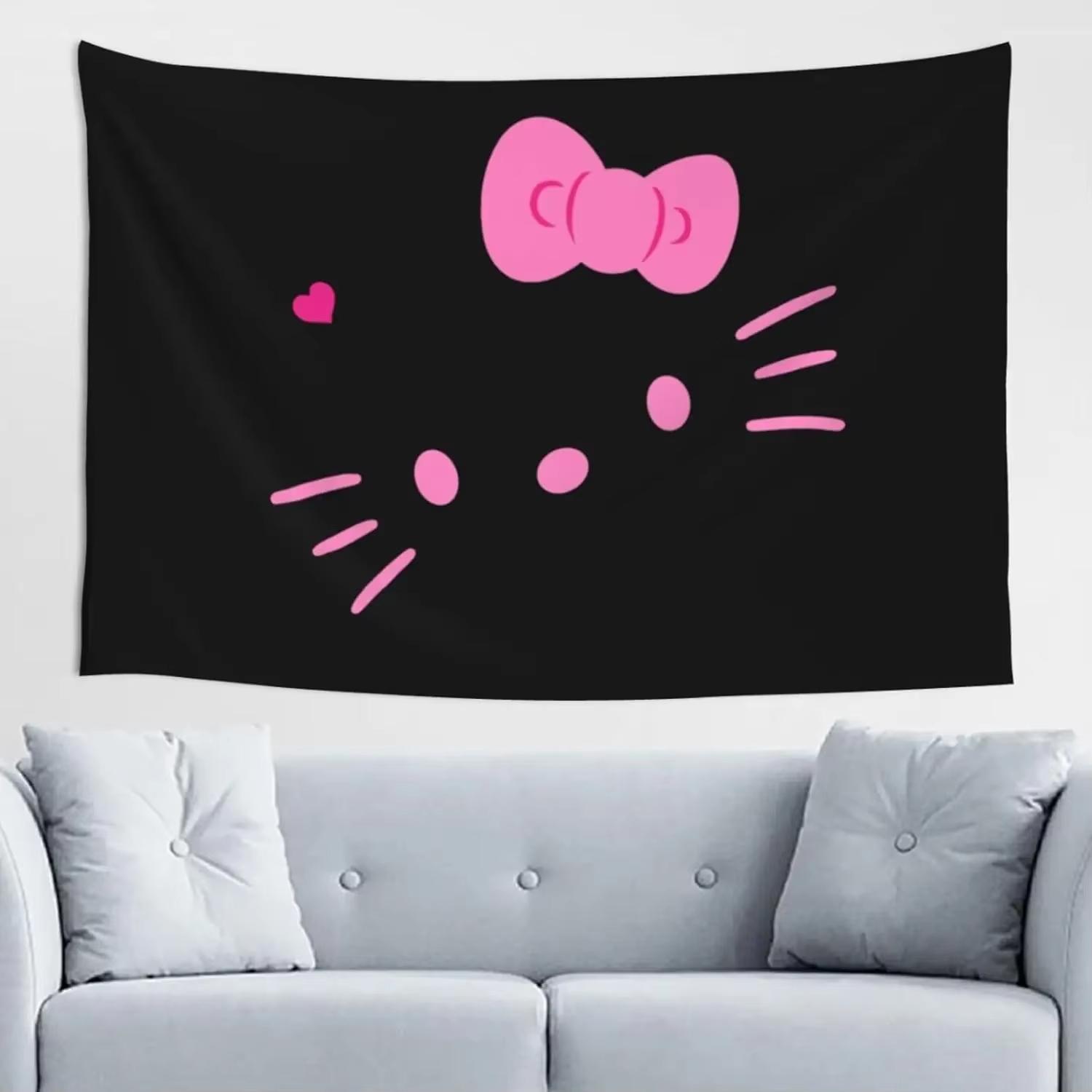 

Hello Kitty Printed Tapestry Cute Anime Gothic Skull Design Pink Rose Skull Wall Hanging Kawaii Cartoon Cat Decor 74x94cm(29x37in)