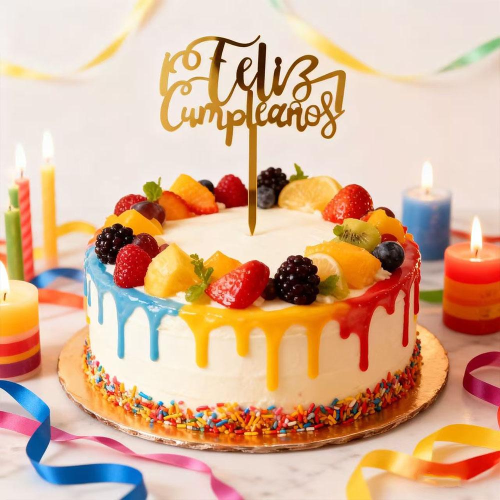 Acylic Feliz Cumpleanos Espanol Spanish Happy Birthday Cake Topper Gold Crown Design Cupcake Baking Supplies Party Decoration