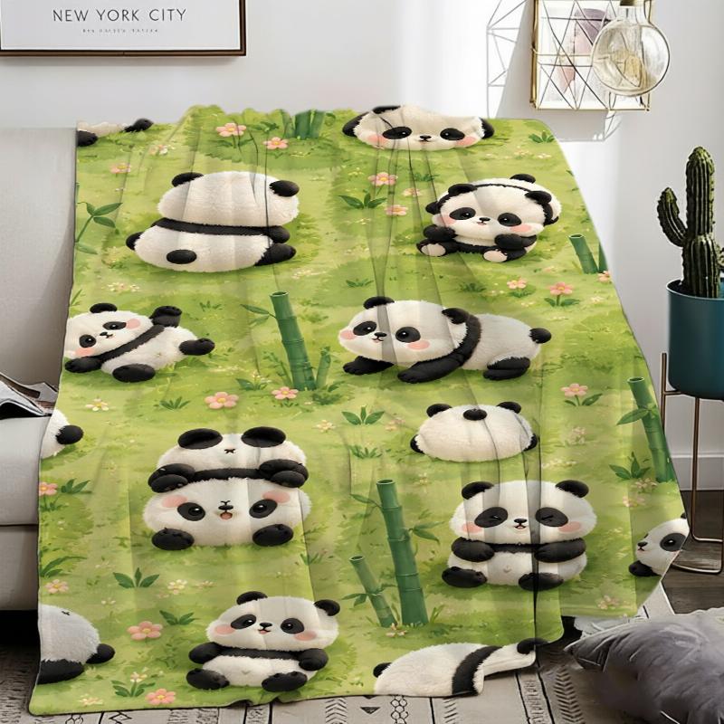 Green Background Panda Bamboo Flower Cute Fleece Blanket For Cozy Bedroom Decor Lightweight Plush Throw Blanket Cover
