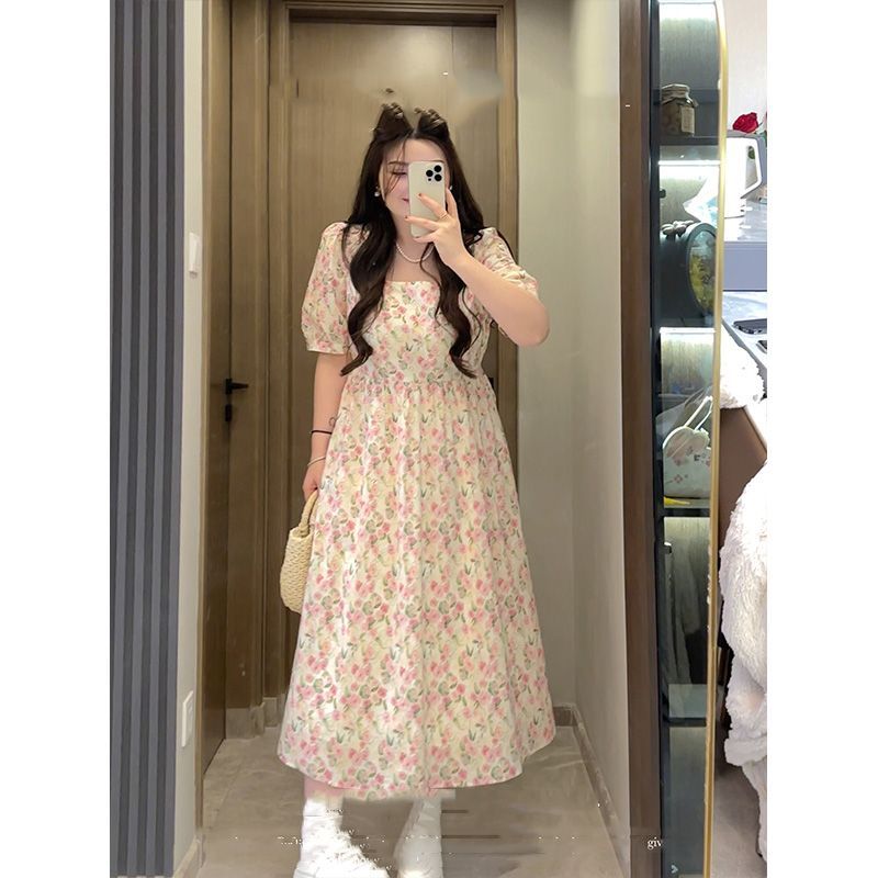 

Мисс Ин Ретро Французский Достойный Чувство Дизайна Платье с Коротким Рукавом Женское Летнее Платье Большого Размера Большого Размера Женское Цветочное Облегающее Талию Длинное Платье Long L