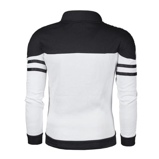 Men Autumn Coat Zipper Stand Collar Long Sleeves Contrast Colors Stretchy Hem Keep Warm Cardigan Color Matching Plush Plus Size Fall Coat for Daily