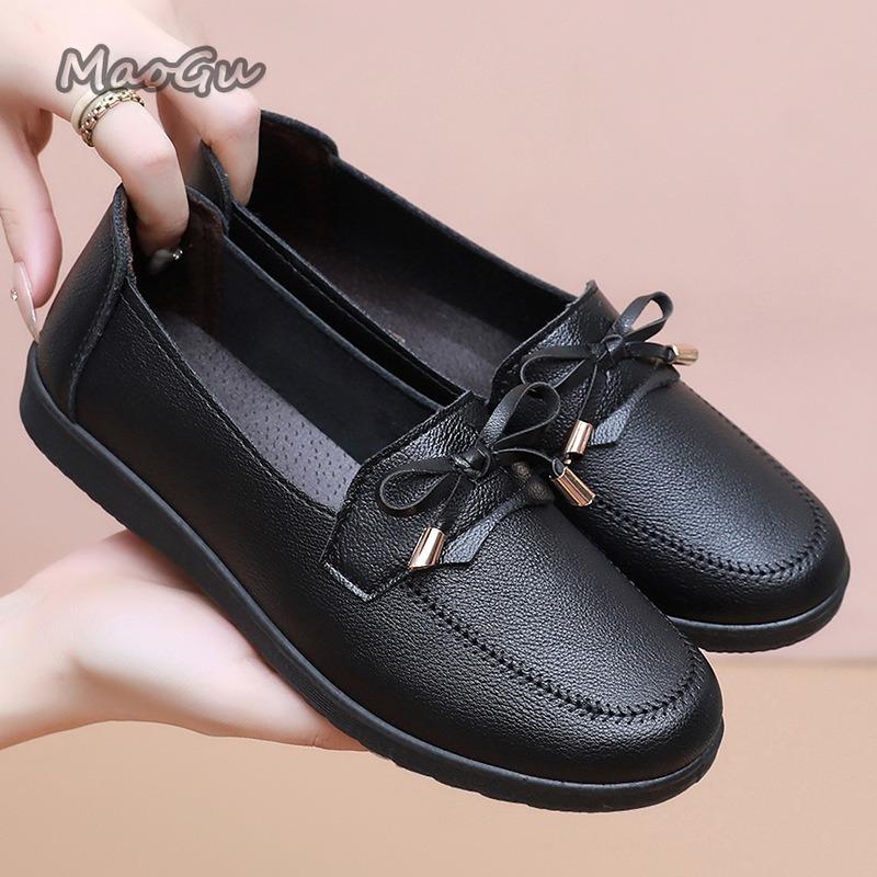 Fashion Spring Autumn Bow Mom's Flat Loafers Soft Sole PU Leather Shoes for Women Slip on Comfortable Casual Shoes Grandma Gift Loafers