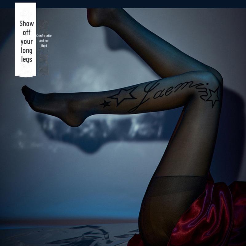 Elegant Black Silk Tattoo Print Bow Socks - Anti-Snagging, Sheer, & Stylish for Summer