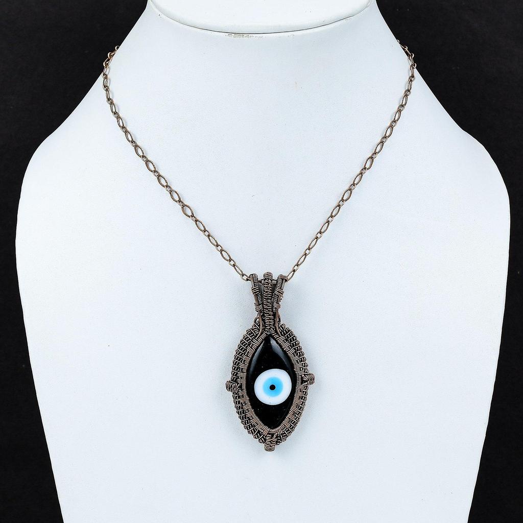 Pingente de mau olhado preto com fio de cobre enrolado, pingente de estilo único, joias com pedras preciosas enroladas, joias de cobre feitas à mão para presente