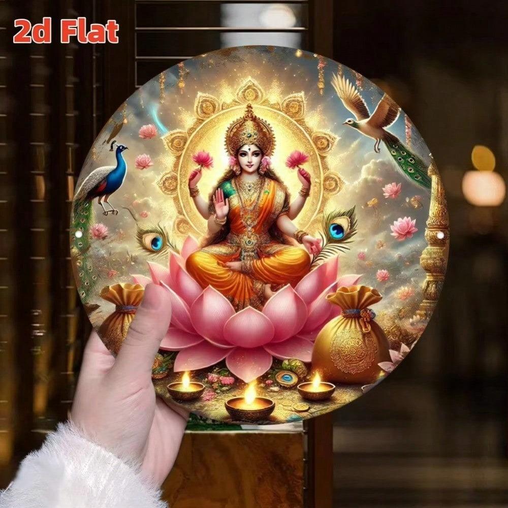 Lakshmi Goddess of Wealth Metal Wall Art Hindu Buddhist Decor Lotus Peacock Motif Home Temple Hotel Room Decoration
