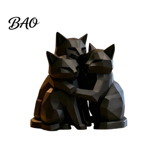 Modern Cat Decor 3D Printed Black Figurine, Three Hugging Geometric Statue, Animal Shape Sculpture for Home Office Bookshelf Durable Ornament