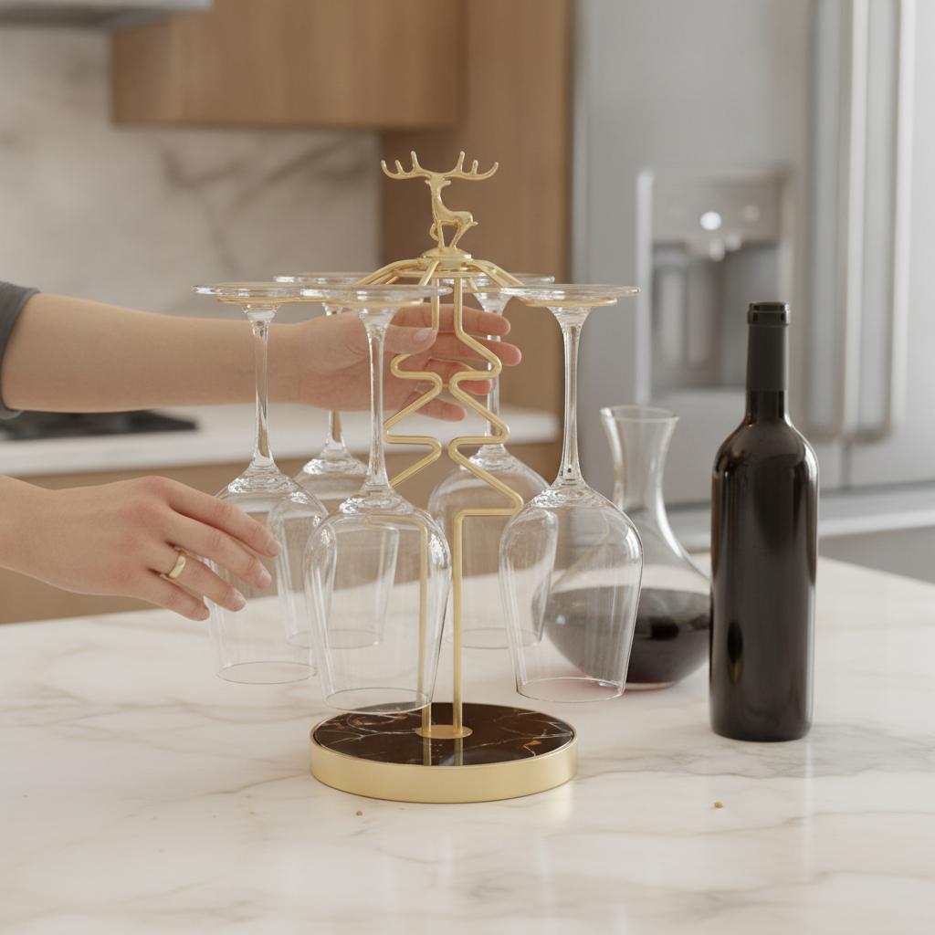 Wine Glass Holder, Metallic Countertop Stemware Rack for 6 Glasses, Home Bar Accessories