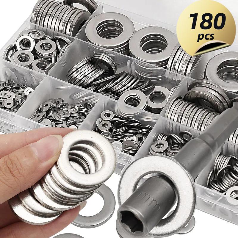 Stainless Steel Flat Washer Set M2-M16 Metal Screw Washers Rings Plain Gaskets Fastener Hardware Assortment Kits for Repair