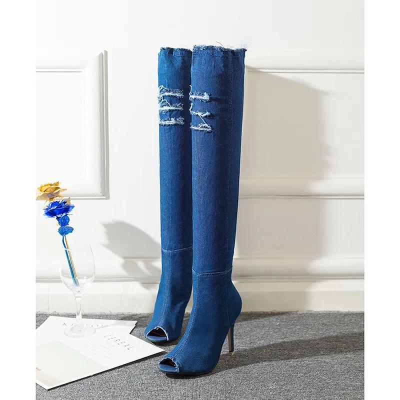 2025 Boots Women Summer Autumn Thigh High Peep Toe Over The Knee Boots Blue Denim Jeans Zipper Long Boots Shoes Ladies