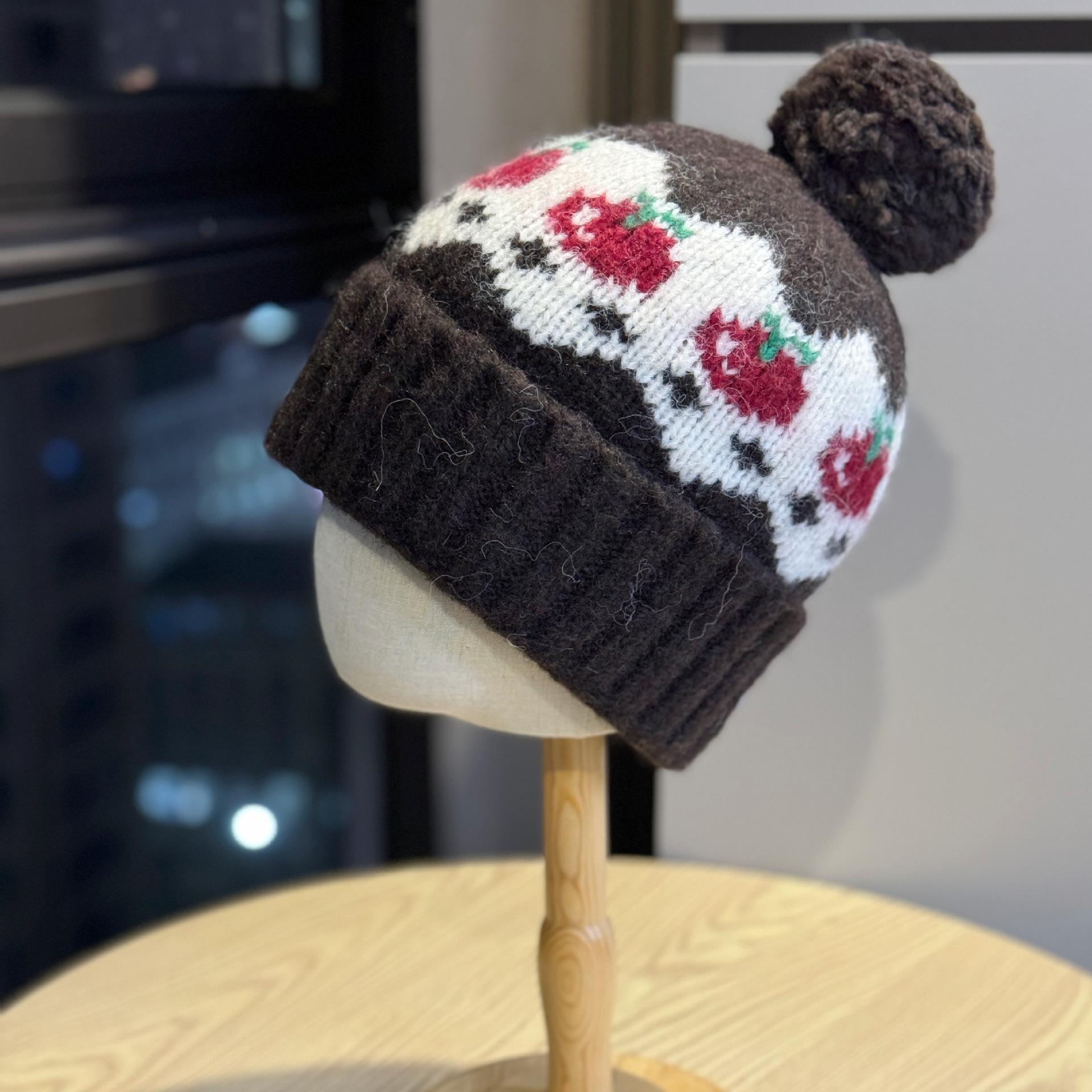 

Korean-style retro pom-pom knitted hat for women, autumn and winter, fleece-lined, warm, face-slimming, Fair Isle style, ear-protecting hat Adult54-60Average Size глибокий кавового кольору