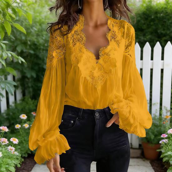 Women Shirt V-Neck Pleated Puff Long Sleeve Summer Shirt Embroidery Lace Splicing Loose Fit Shirt Tops Parties Travel Wear