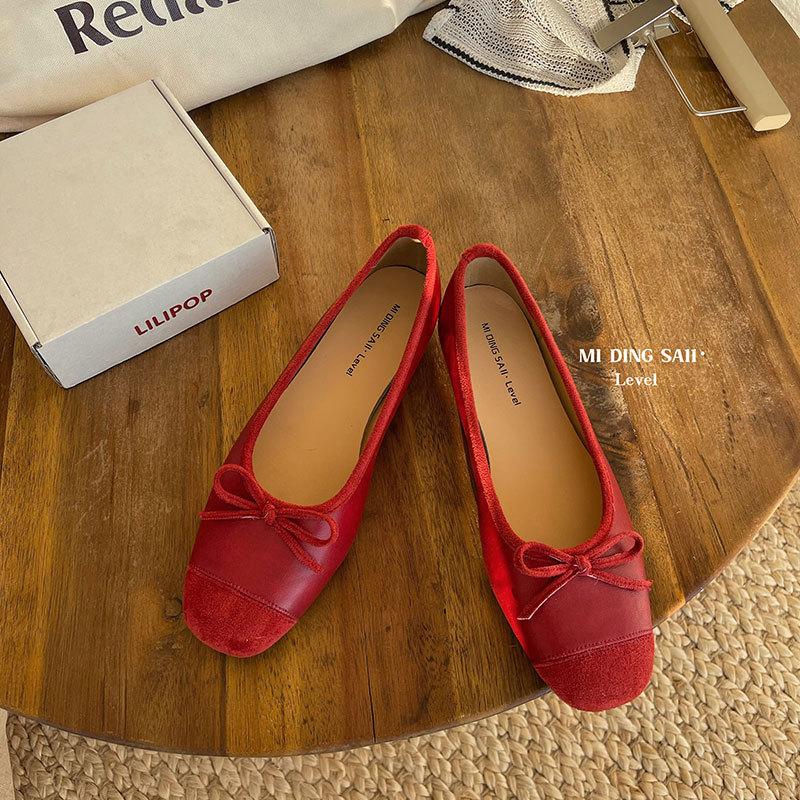 2025 Spring and Summer Single Shoes Women's Small Fragrant Style Bow Splicing Inner Height Increase Evening Breeze Commuting Soft-soled Ballet Shoes