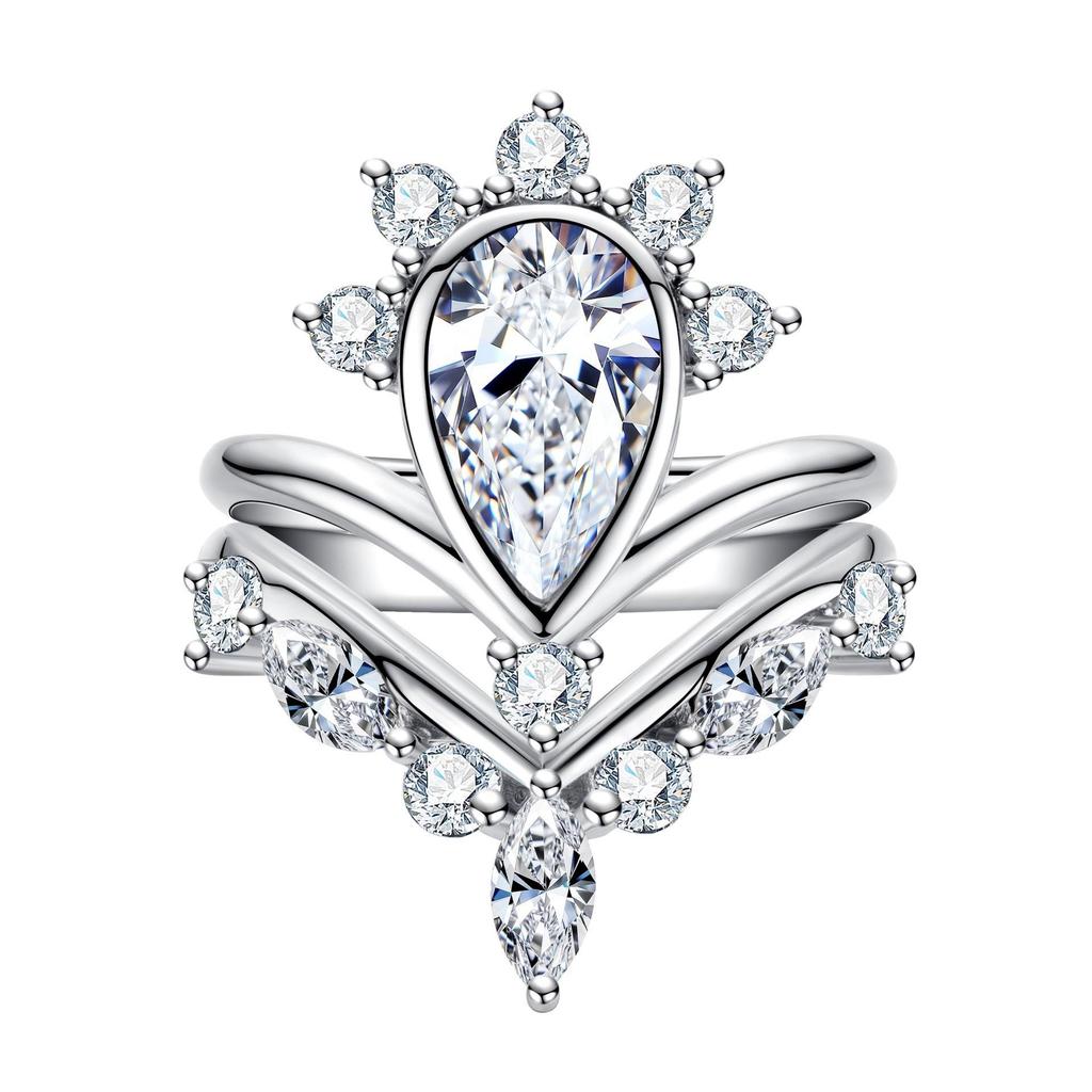 925 Sterling Silver 3 Carat Moissanite V-Shaped Engagement Ring Set, Light Luxury Women’s Wedding Band.