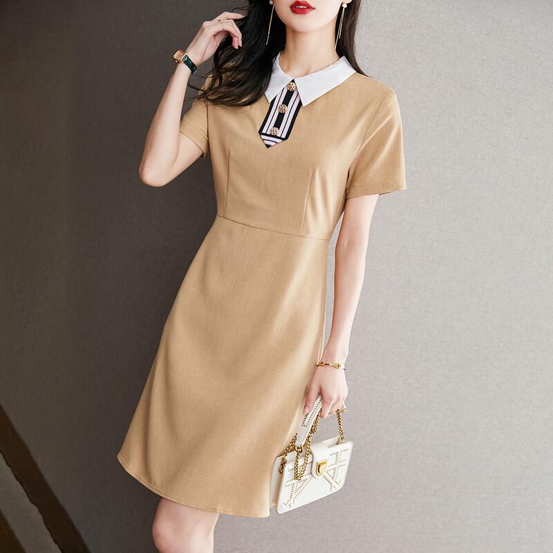 Srcr Women s Elegant Short-Sleeve Doll Collar A-Line Dress L