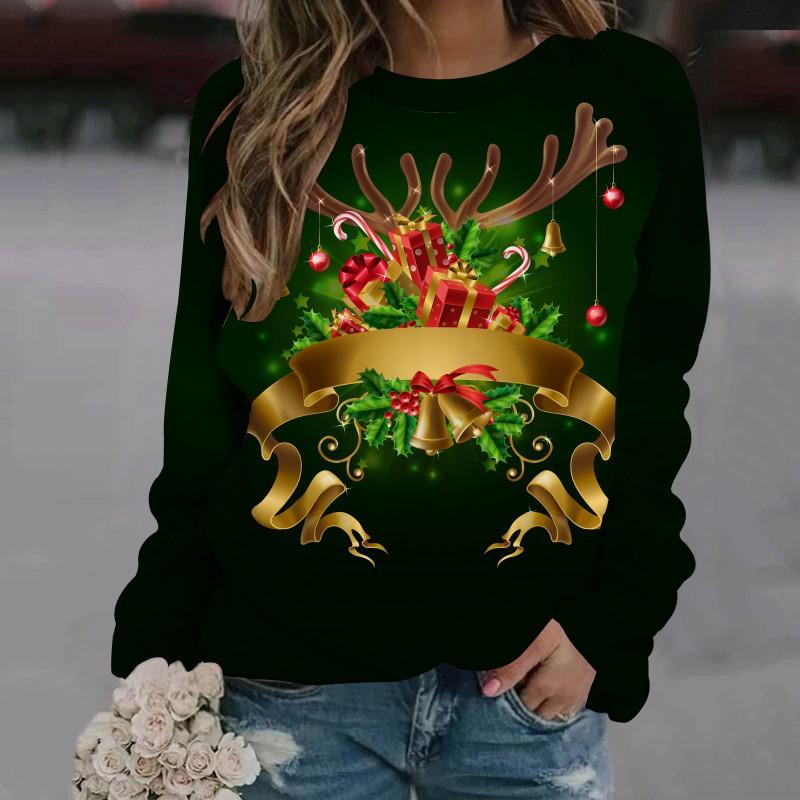 Womens Christmas Elk Print Crewneck Sweatshirt Casual Long Sleeve Top