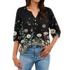 Women's Floral Print Henley Neck Button Front Shirt Three Quarter Sleeve Cotton Linen Blouse Casual Loose Fit