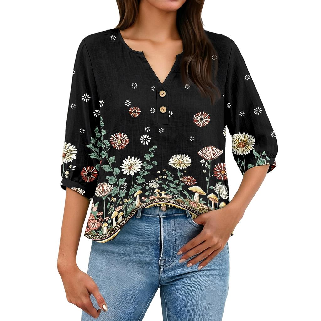 Women's Floral Print Henley Neck Button Front Shirt Three Quarter Sleeve Cotton Linen Blouse Casual Loose Fit
